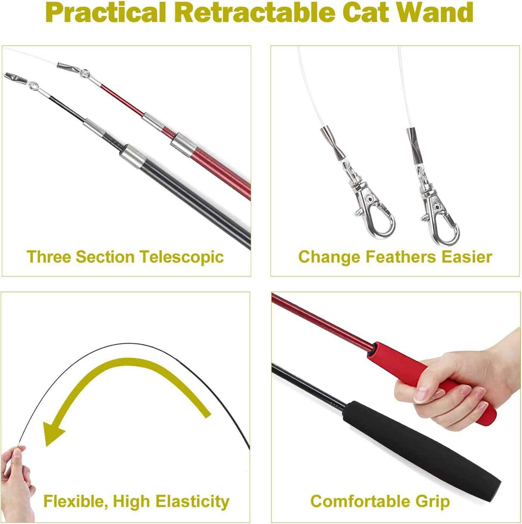 meohui 2pcs retractable cat fishing pole toy set with 9pcs cat feather toys refills