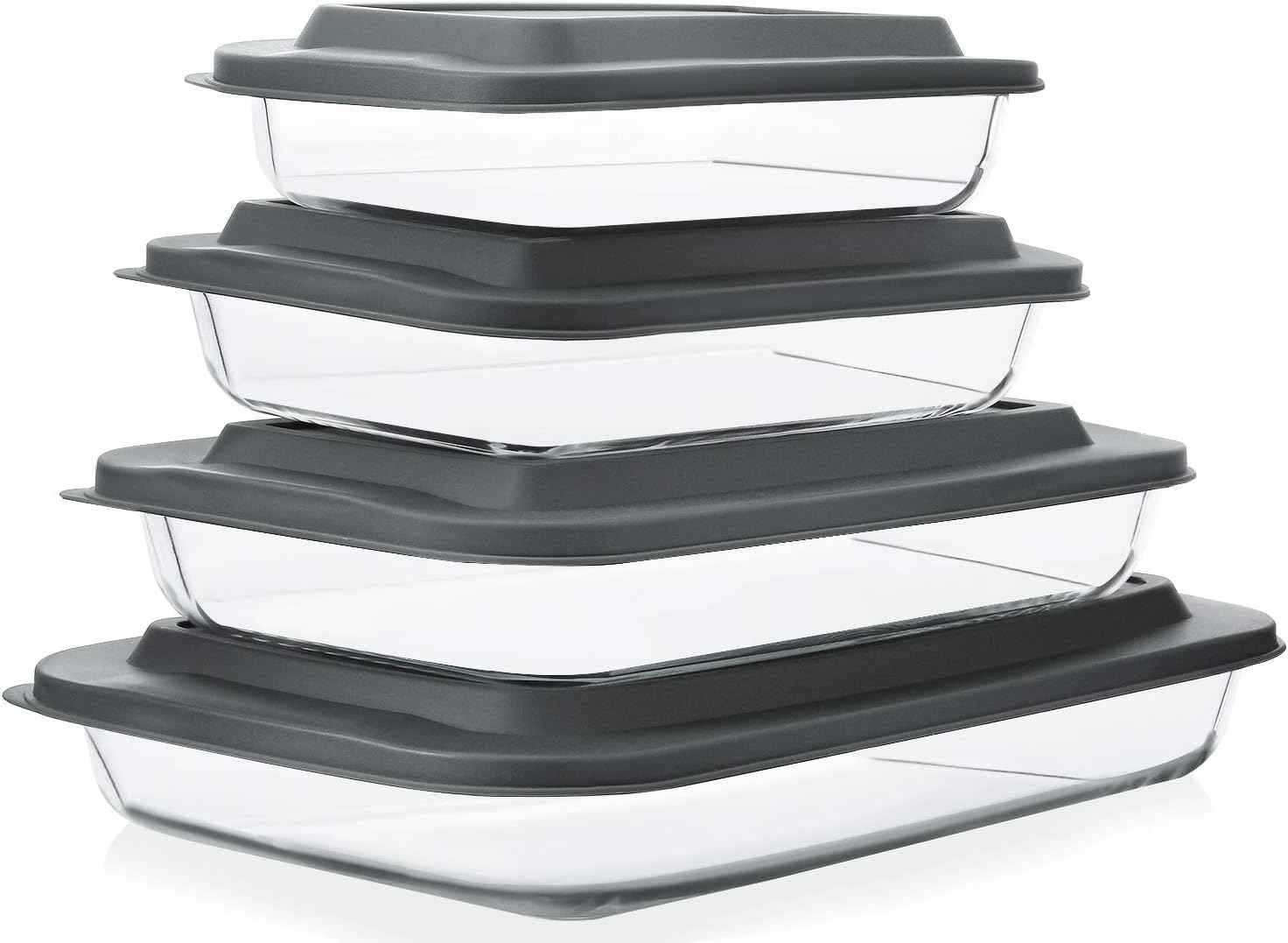 8-piece deep glass baking dish set with plastic lids and gray color