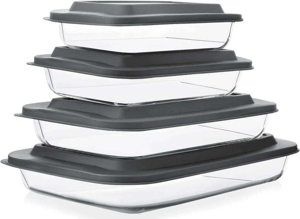 8-piece deep glass baking dish set with plastic lids and gray color