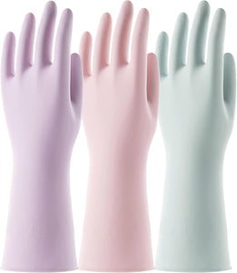COOLJOB 3 Pairs Colorful Household Gloves with Cotton Liner & Non-slip Grip, Water Resistant Reusable Dish Washing Rubber Gloves for Kitchen & Bathroom Cleaning, Small