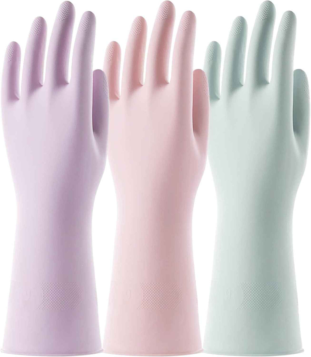 COOLJOB Medium Household Rubber Gloves with Cotton Liner & Non-slip Grip, Waterproof Long Lasting Dishwashing Gloves for Kitchen & Bathroom Cleaning, Light Pink, 1 Pair