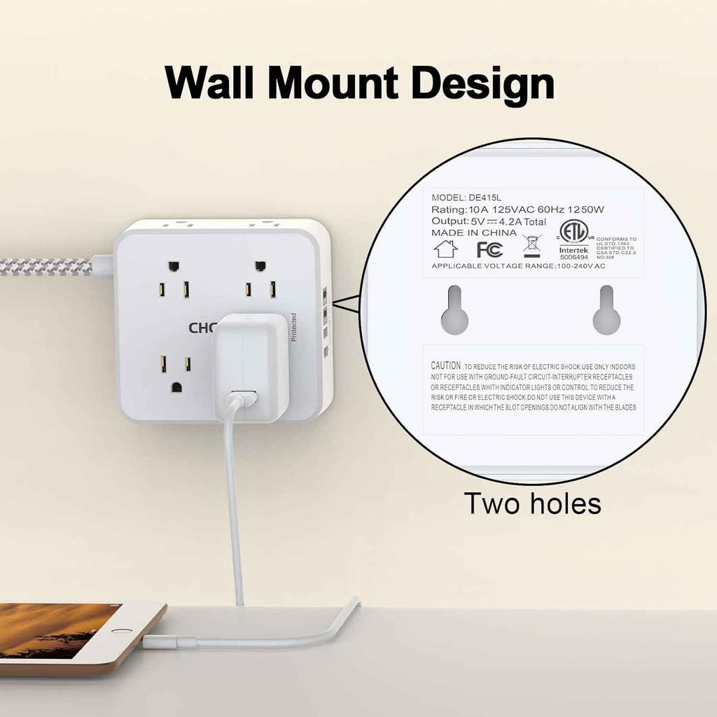 CHCORE 5Ft braided extension cord surge protector with 8 outlets and 4 usb charging ports, 2 usb c, flat plug, white