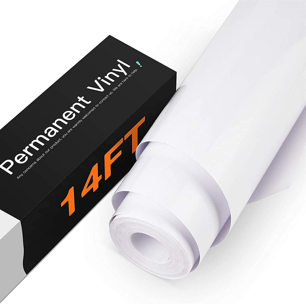 HTVRONT White Permanent Vinyl, 12" x 14 FT Glossy White Adhesive White Vinyl Roll Compatible with Cricut Cutting Machine, Silhouette, Cameo Cutters, Signs, Scrapbooking, Craft, Die Cutters