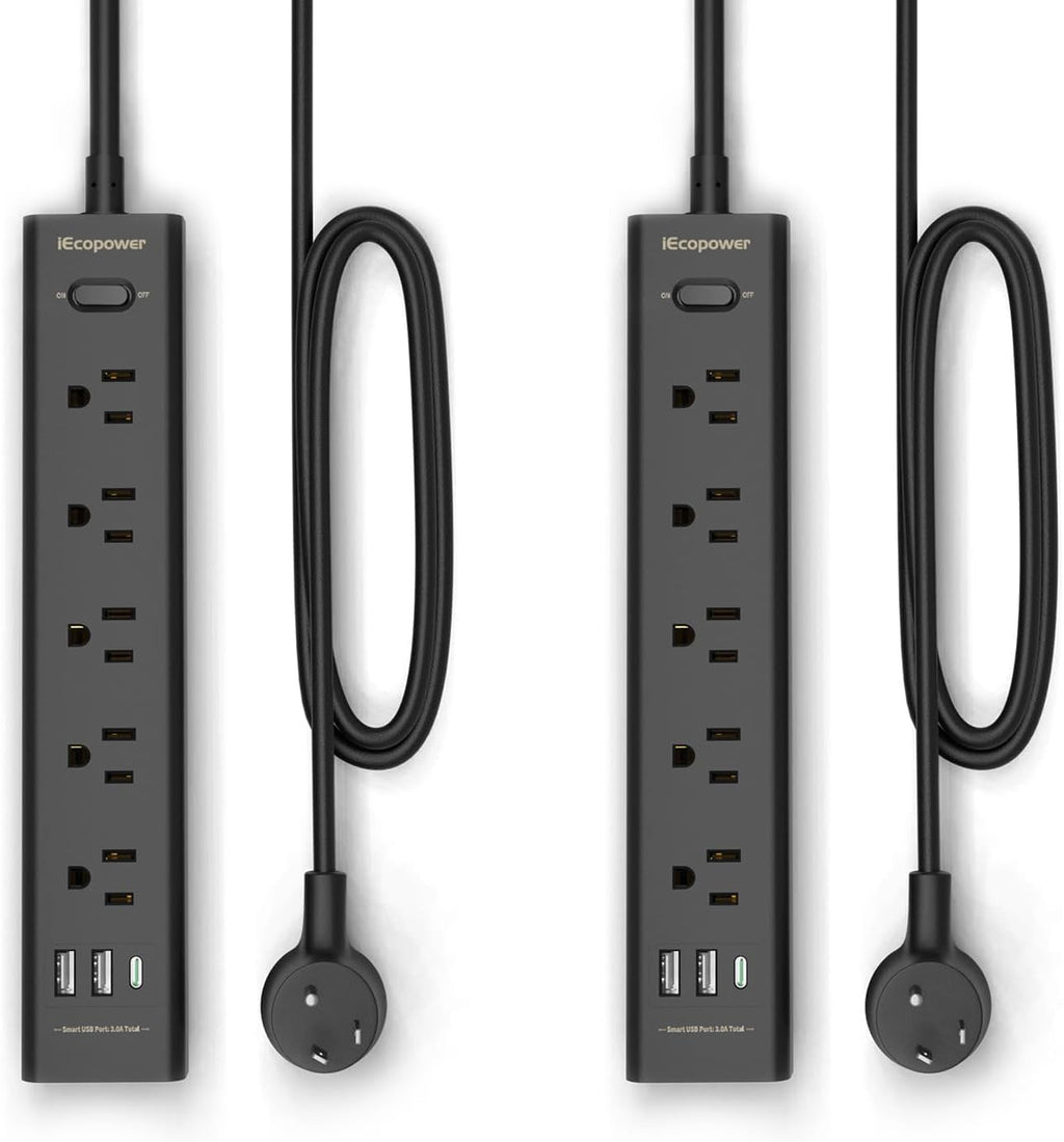 black 2-pack power strip with 5 outlets, 3 usb ports, 1250w surge protector, 5ft cord, wall mount for home office