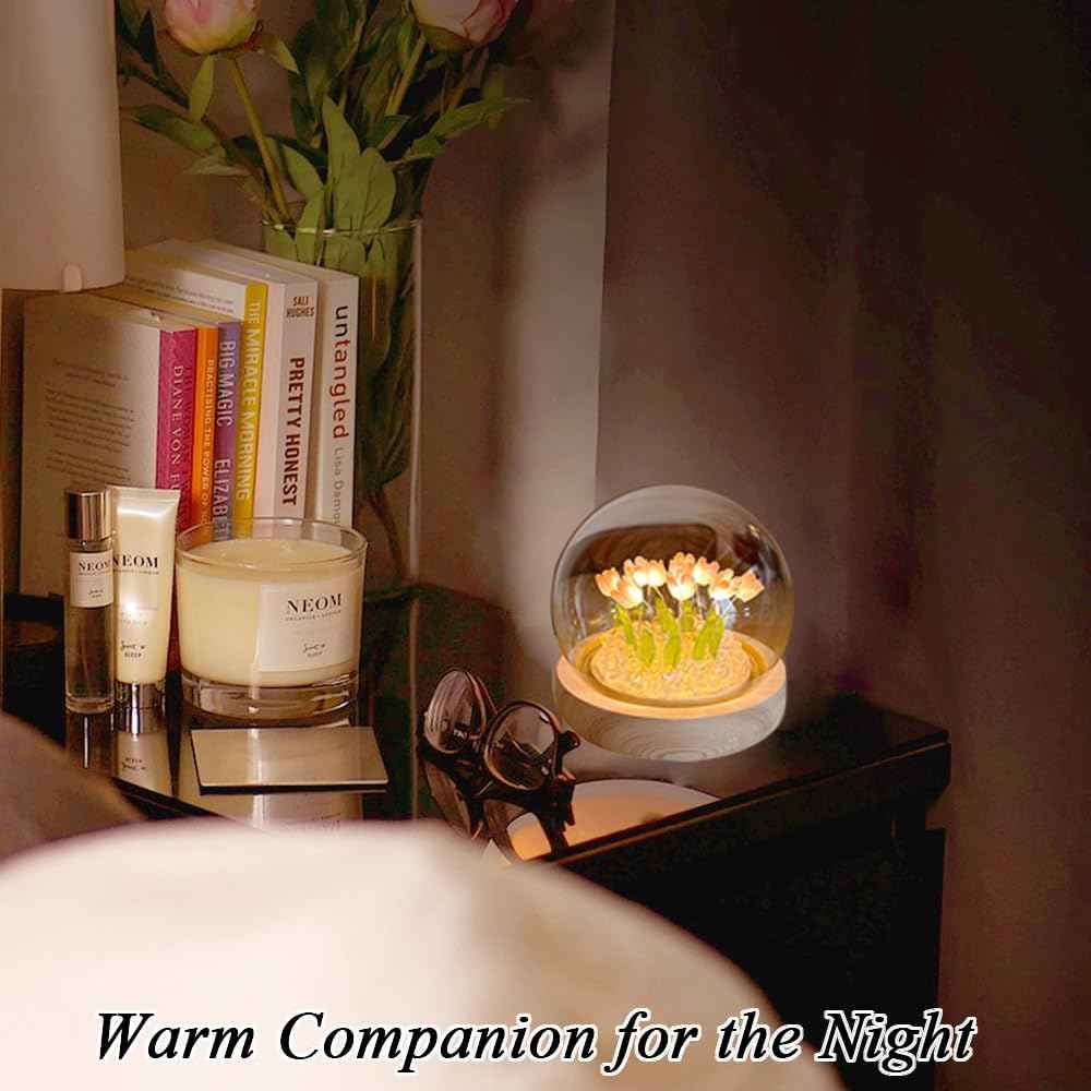 Wooden Tulip Night Light with 10 Led USB Lamp for Home Decor, Christmas Gift for Women