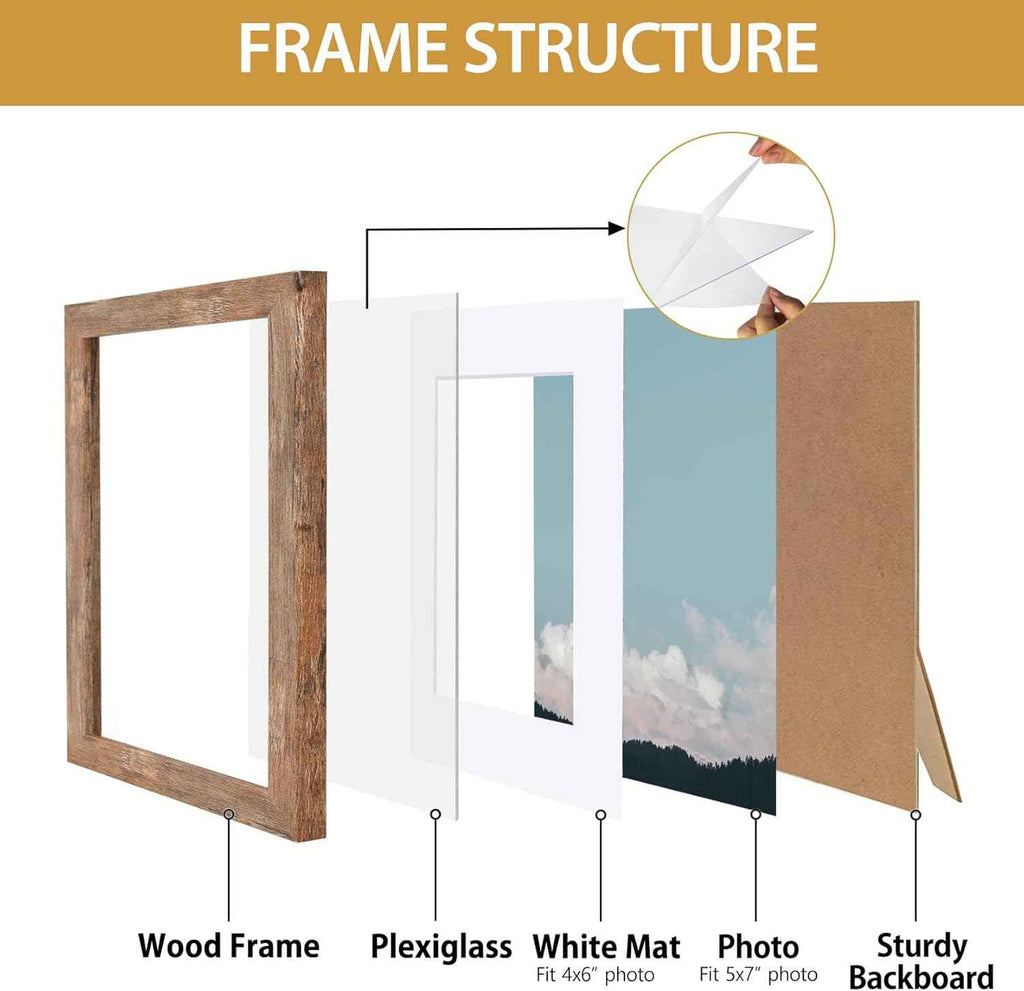 Califortree 5x7 Picture Frame - Can Display Photo 4x6 with Mat, Wood Frame with Shatterproof Plexiglass, Horizontal and Vertical Display for Wall and Tabletop, Rustic Brown