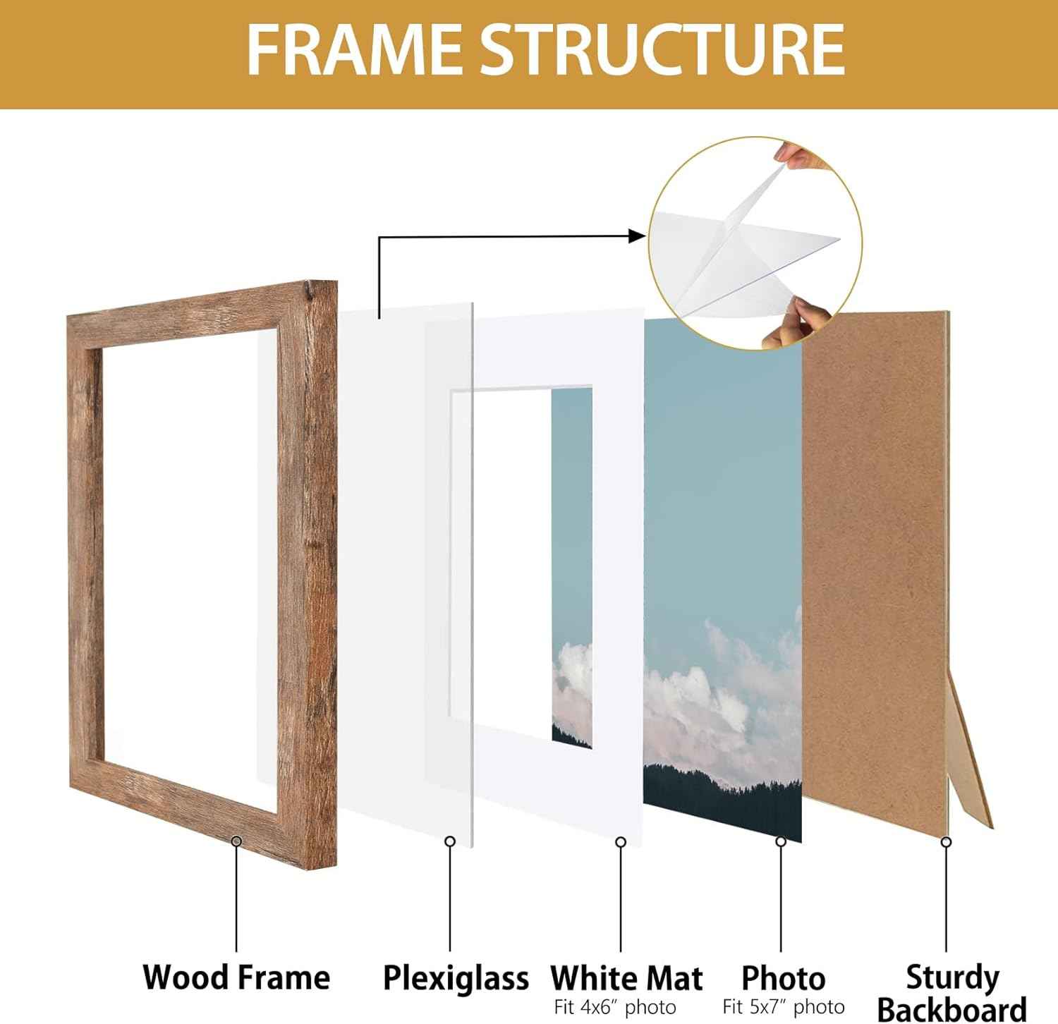 Califortree 5x7 rustic brown picture frame with shatterproof plexiglass and horizontal/vertical display