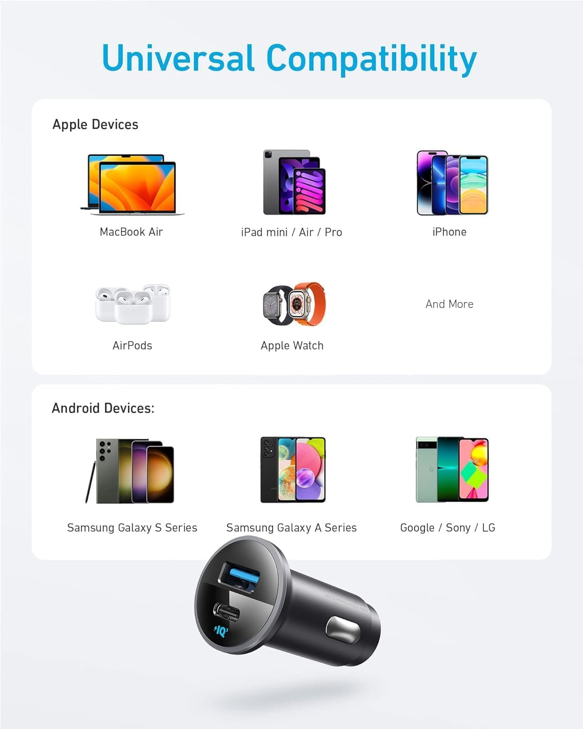 Anker 323 USB C Car Charger Adapter, 52.5W Cigarette Lighter Charger with 30W PowerIQ 3.0 Fast Charging Cable for iPhone 17/17 Pro Max/16/15/14 Series, Galaxy S25/24/23, Pixel, iPad, AirPods and More - ShopUS