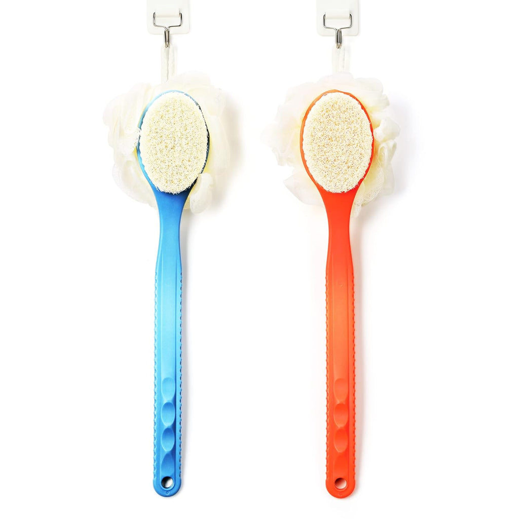 Shower body brush with bristles and loofah for skin exfoliating bath, curved long handle for back and feet, suitable for wet or dry use, men and women, blue
