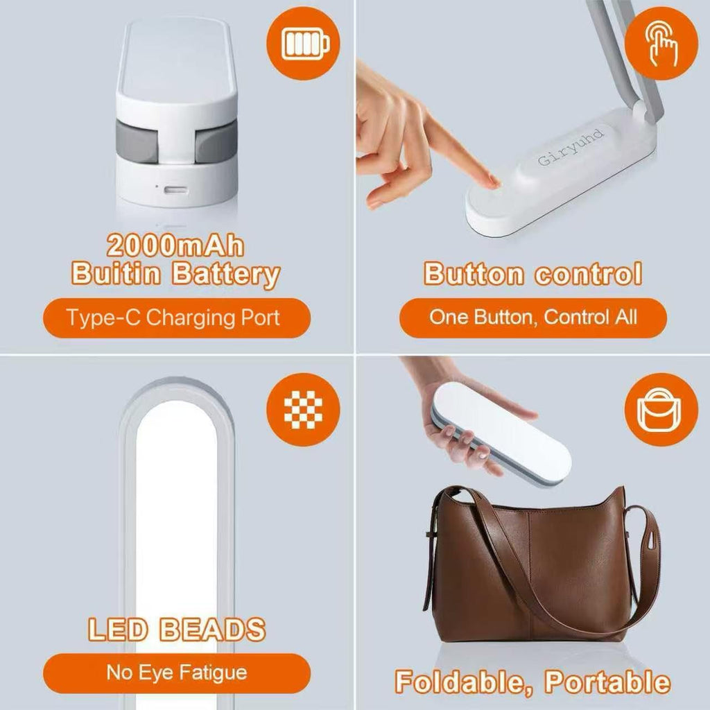 LED Desk Lamp for Office Home & Battery Operated Lamp Rechargeable Lamp Foldable & Portable Light, LED Desk Light Strip, 3 Brightness Dimmable Small Desk Lamp Wireless Reading Lamp (White)