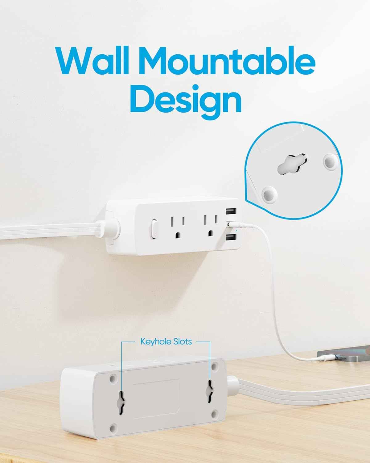 Power Strip Surge Protector, Olcorife Ultra Thin Flat Plug Extension Cord 5ft, 6 Outlets 3 USB Ports(1 USB C), 3 Sided Outlet Extender for Home Office Travel Dorm Room Essentials, White