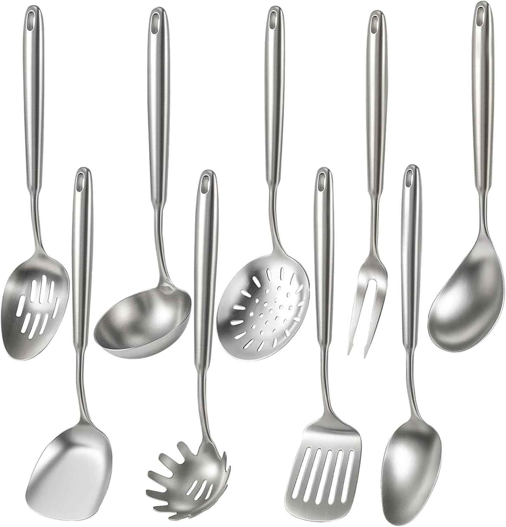 Newness 16 Pcs Cooking Utensils Set, 304 Stainless Steel Kitchen Utensils Set, Metal Kitchen Accessories, Include Soup Ladle, Slotted Skimmer Spoon, Spaghetti Spoon and Spatula, Dishwasher Safe