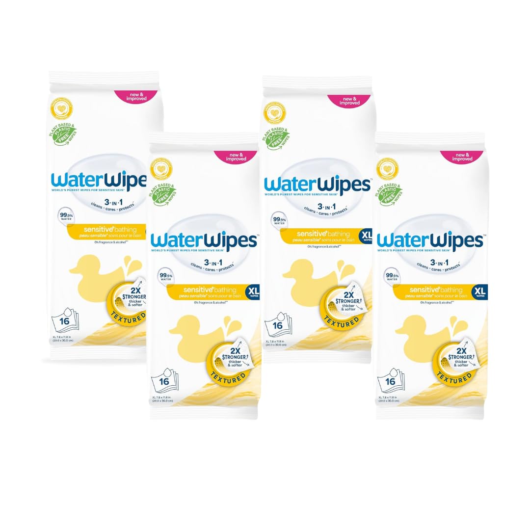WaterWipes Sensitive+ Bathing Wipes, 3-In-1 Cleans, Cares, Protects, Unscented, Hypoallergenic, 99.9% Water, 16 Count, 1 Pack