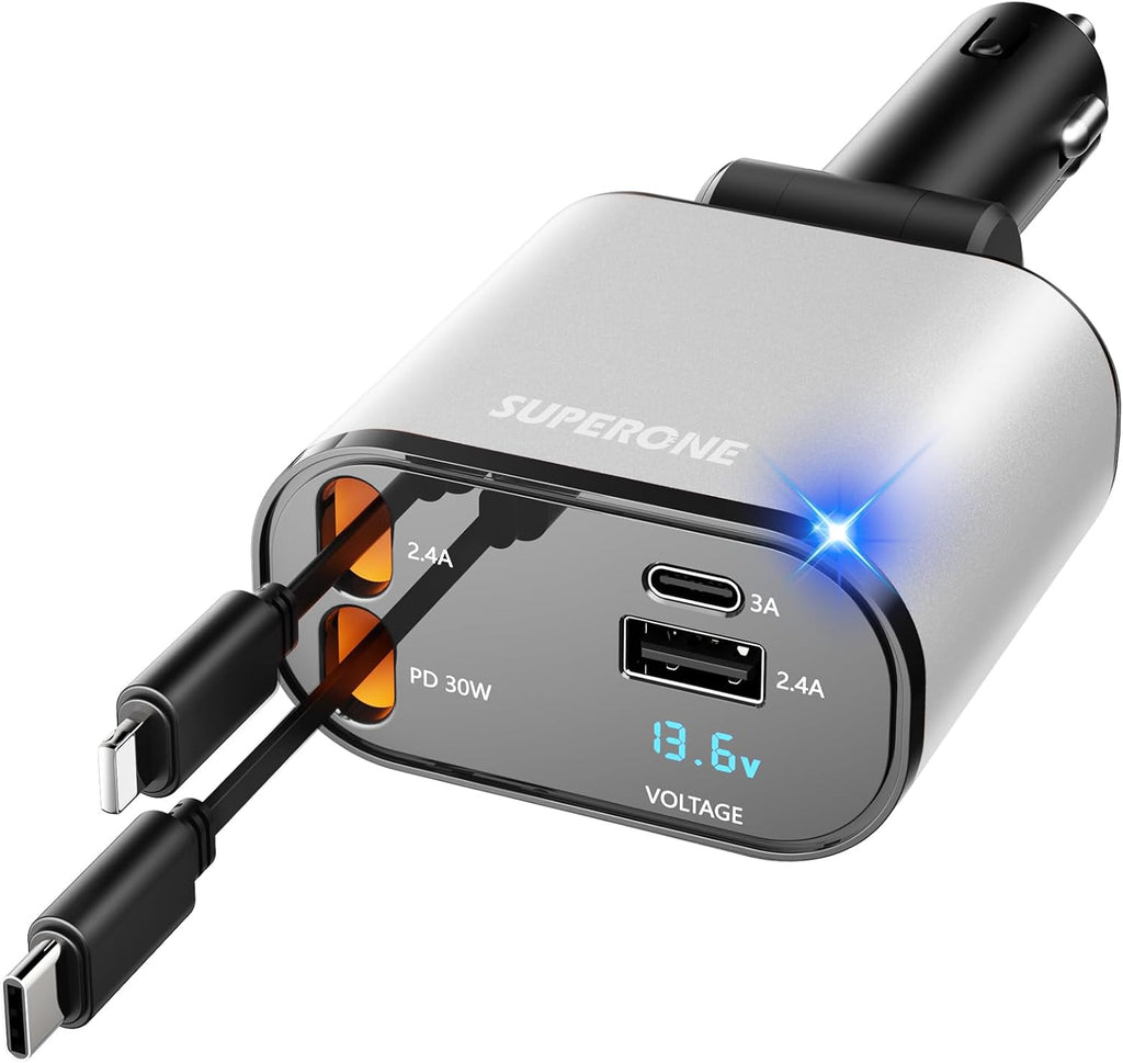 ‹ېUpgraded‹ÛÔ SUPERONE Retractable Car Charger 4 in 1, Fast Car Phone Charger with Cord 2.6ft, USB C and Apple Car Adapter, Compatible with iPhone 17 16 15/15 Pro Max/14/13/12/11, Galaxy, Pixel - ShopUS