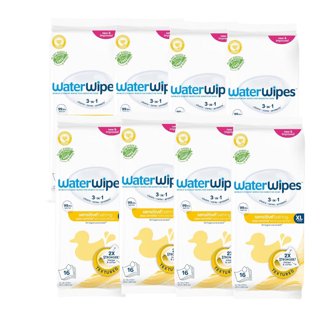 WaterWipes Sensitive+ Bathing Wipes, 3-In-1 Cleans, Cares, Protects, Unscented, Hypoallergenic, 99.9% Water, 16 Count, 1 Pack