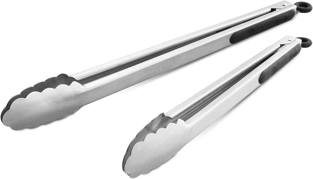 304 Stainless Steel Kitchen Cooking Tongs, 9" and 12" Set of 2 Sturdy Grilling Barbeque Brushed Locking Food Tongs with Ergonomic Grip, Black