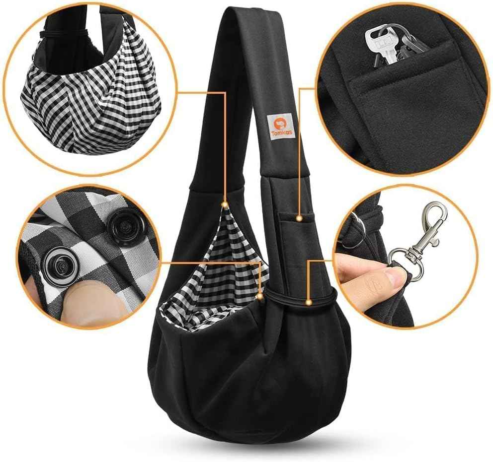 Tomkas small dog sling carrier for pets 3-10 lbs - classic pocket and strap design - black