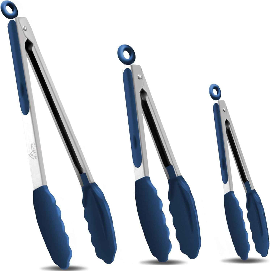 HOTEC Premium 7 & 9 Inch Kitchen Tongs, Stainless Steel Locking Cooking Tongs with Silicone Tips, Non-Scratch & Heat Resistant, Serving Tongs for Salad, BBQ, Classic Blue, Set of 2