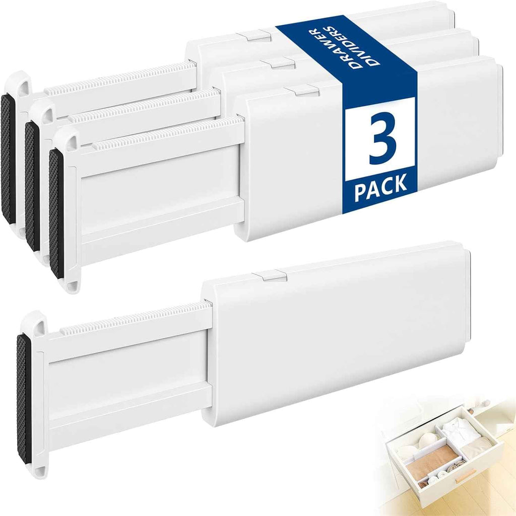 Adjustable plastic drawer dividers for clothes, kitchen, and office storage, 3-pack