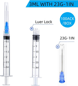 100 Pack Disposable 3ml/cc Lab Syringes with 23Ga 1 Inch Needle Luer Lock, Individually Sealed Packed