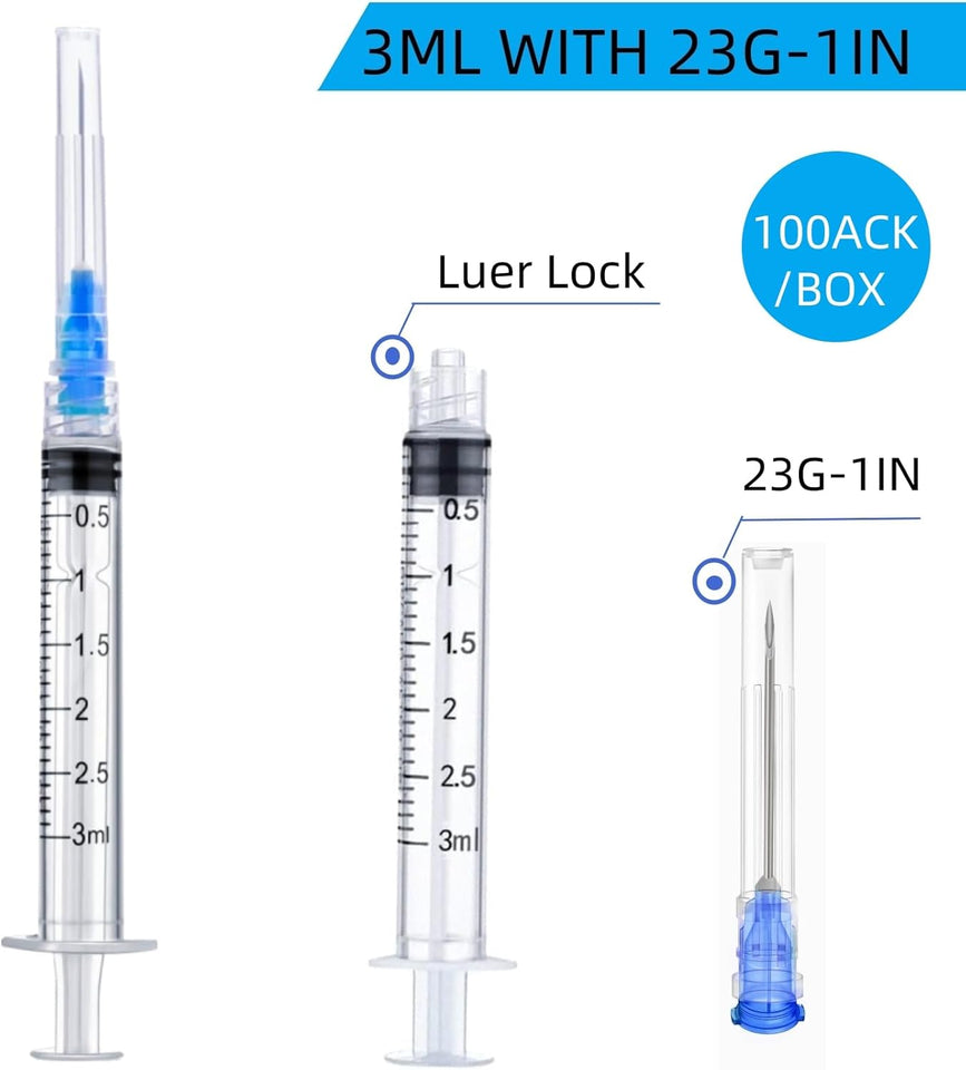 100 Pack Disposable 3ml/cc Lab Syringes with 23Ga 1 Inch Needle Luer Lock, Individually Sealed Packed