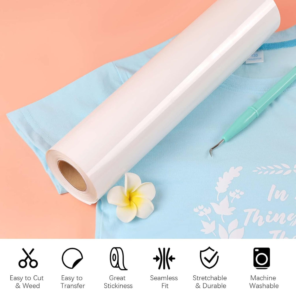 HTVRONT Heat Transfer Vinyl White HTV Rolls - 12" x 20ft White Iron on Vinyl for All Cutting Machines, HTV Vinyl for Shirts - Easy to Cut & Weed for Heat Transfer Design