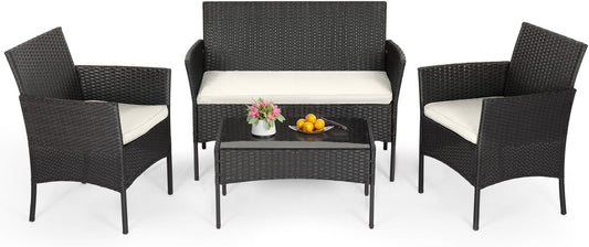 FDW | 4-Piece Patio Furniture Set | Black | Outdoor Wicker Furniture with Coffee Table | Modern Rattan Chairs Conversation Set | Outdoor Seating | Weather-Resistant | for Porch, Garden, Lawn
