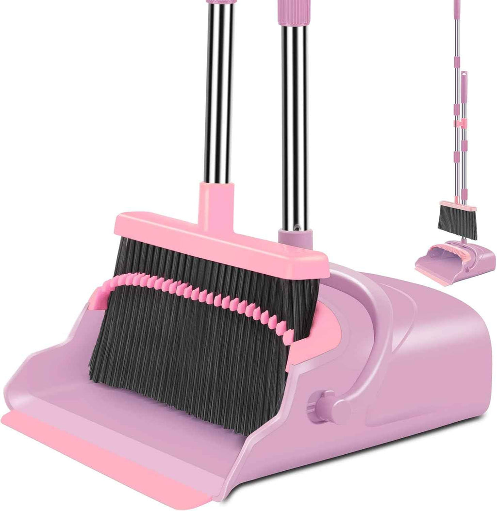 kelamayi Upgrade Broom and Dustpan Set, Self-Cleaning with Dustpan Teeth, Ideal for Dog Cat Pets Home Use, Super Long Handle Upright Stand Up Broom and Dustpan Set (Brown)