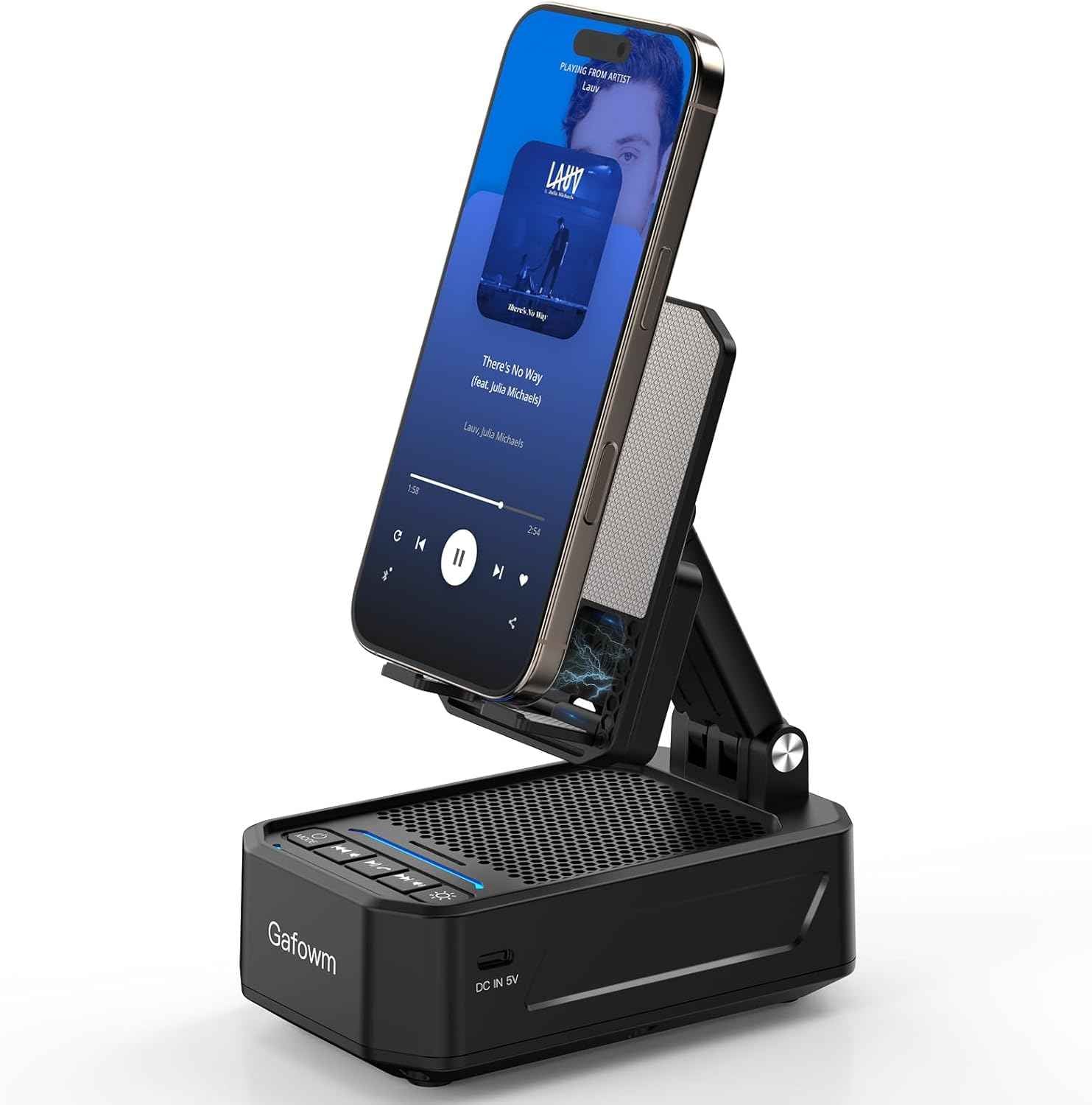 Cell phone stand with instant wireless induction Bluetooth speaker and no pairing needed