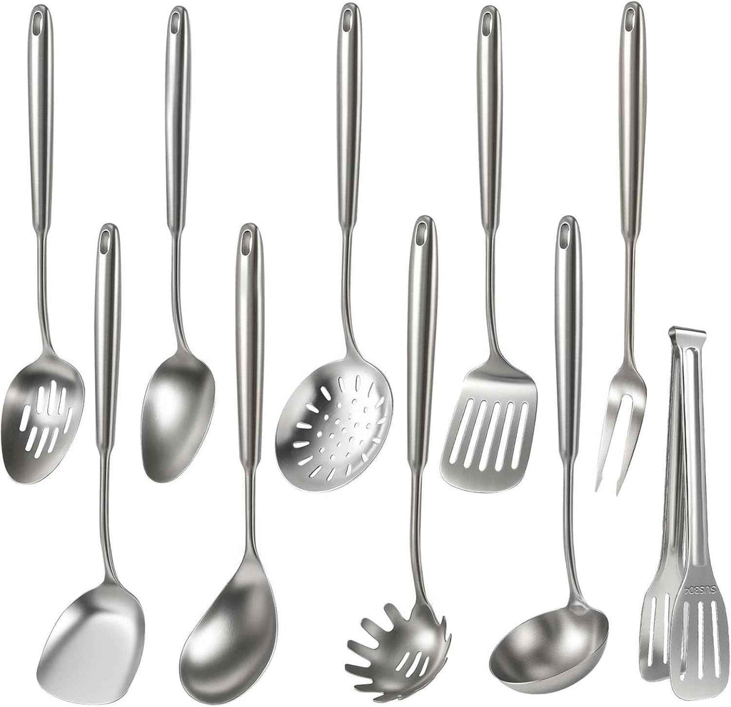 Newness 16 Pcs Cooking Utensils Set, 304 Stainless Steel Kitchen Utensils Set, Metal Kitchen Accessories, Include Soup Ladle, Slotted Skimmer Spoon, Spaghetti Spoon and Spatula, Dishwasher Safe
