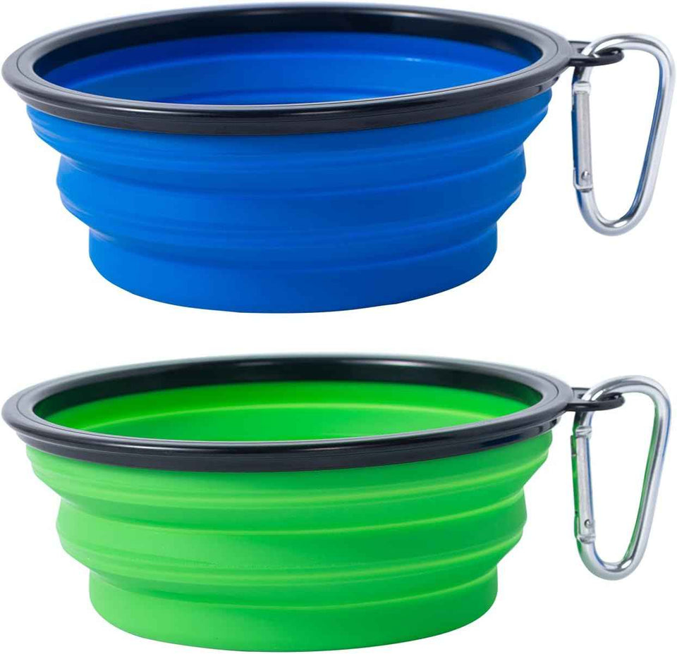 Dog Bowl Pet Collapsible Bowls, 2 Pack for Cats Dogs, Portable Pet Feeding Watering Dish for Walking Parking Traveling with 2 Carabiners (Small, Blue+Green)