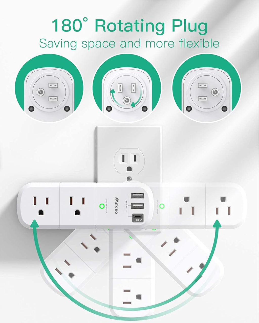mifaso 3 sided swivel rotating plug surge protector with 6 ac multi plug wall outlets and 3 usb ports