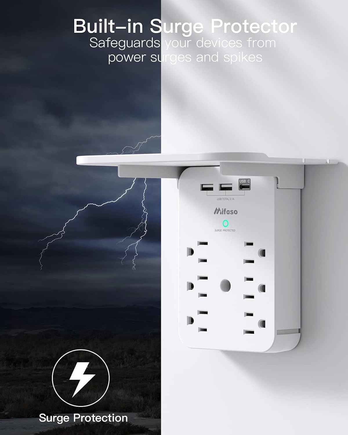 wall outlet extender with 6 ac outlets, shelf, 2 usb & usb c charging ports - compact plug expander