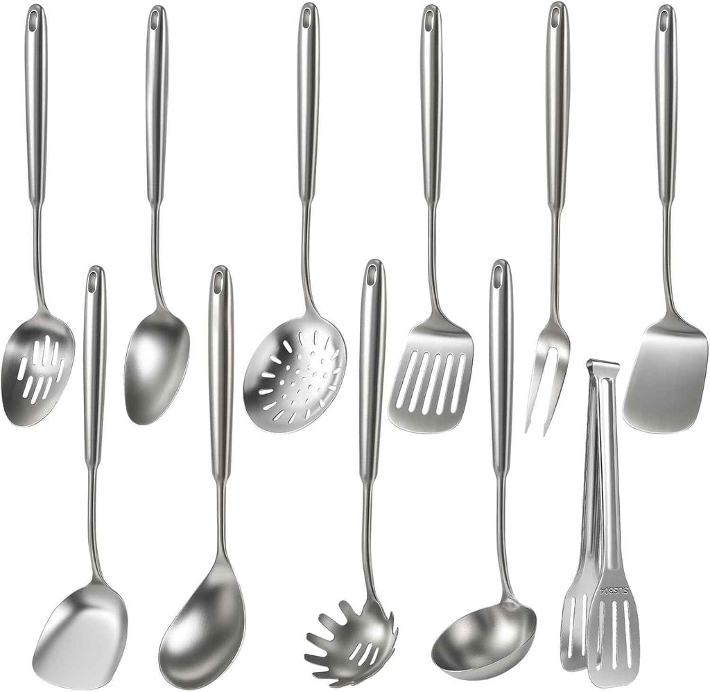 Newness 16 Pcs Cooking Utensils Set, 304 Stainless Steel Kitchen Utensils Set, Metal Kitchen Accessories, Include Soup Ladle, Slotted Skimmer Spoon, Spaghetti Spoon and Spatula, Dishwasher Safe