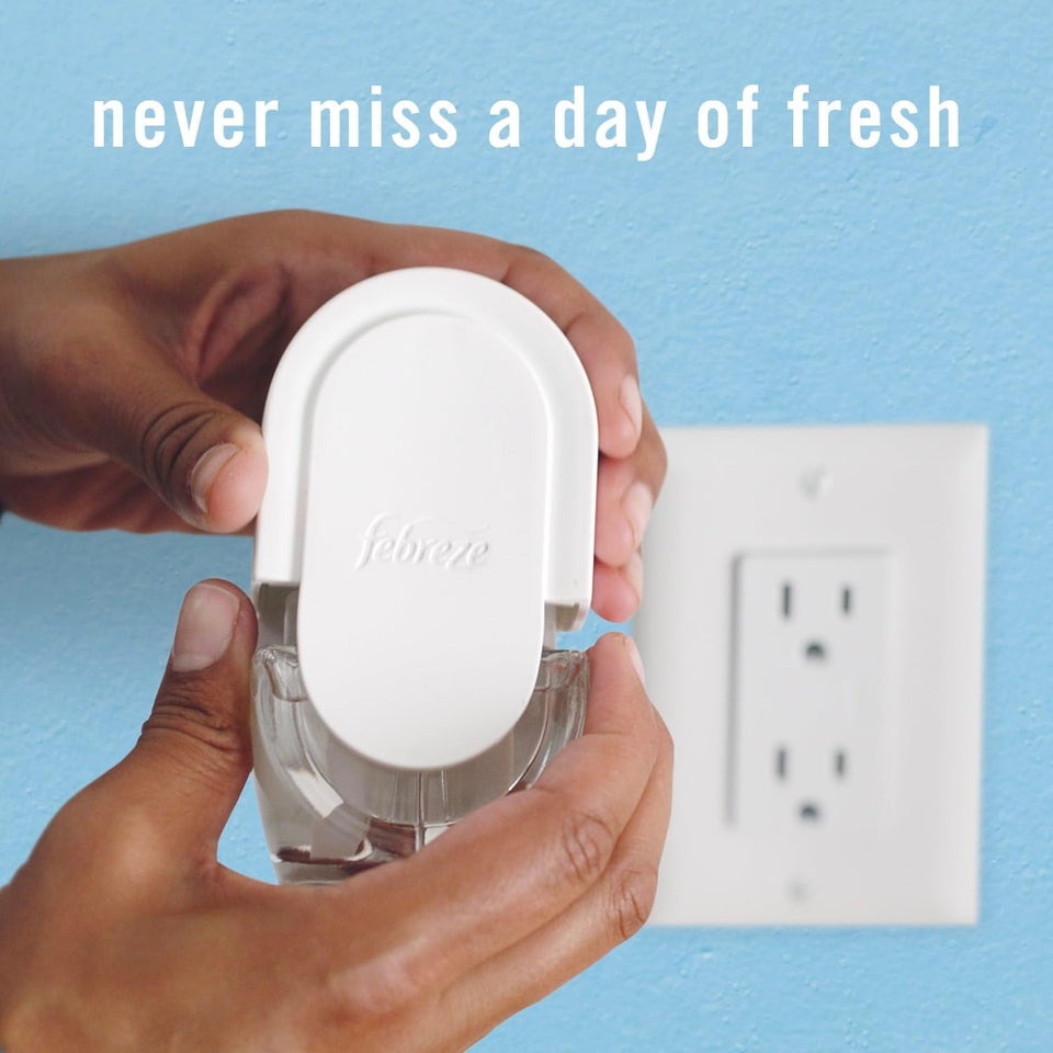 Febreze Plug-In Air Freshener, Odor-Fighting Scented Oil Starter Kit, Air Fresheners for Home and Bathroom and Kitchen, Long Lasting for Strong Odors, Downy April Fresh Scent, Warmer + 2 Refill