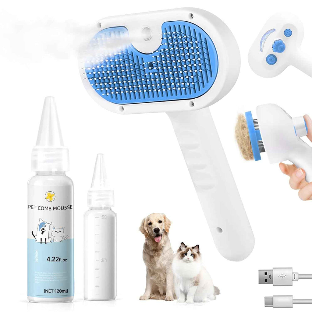 pet steam brush for dog and cat 3-in-1 steam grooming blue 1 waterless shampoo included