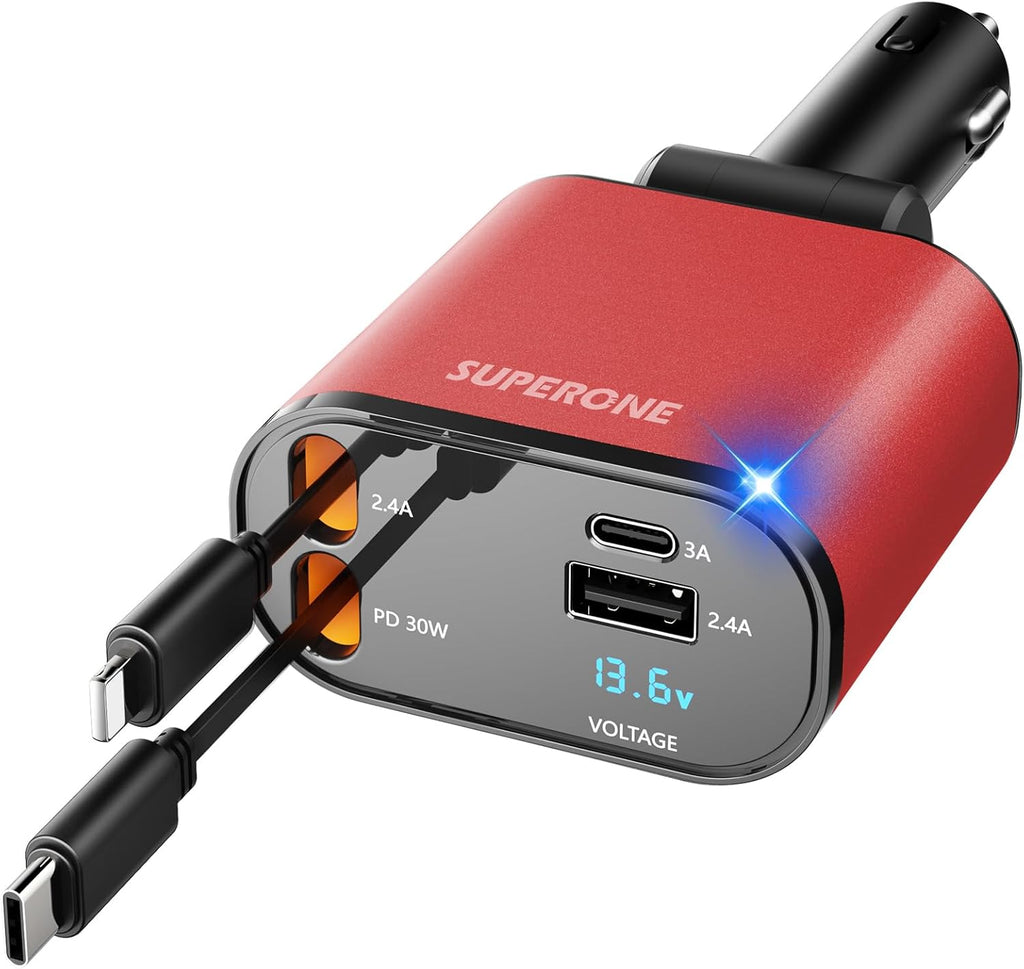 ‹ېUpgraded‹ÛÔ SUPERONE Retractable Car Charger 4 in 1, Fast Car Phone Charger with Cord 2.6ft, USB C and Apple Car Adapter, Compatible with iPhone 17 16 15/15 Pro Max/14/13/12/11, Galaxy, Pixel - ShopUS