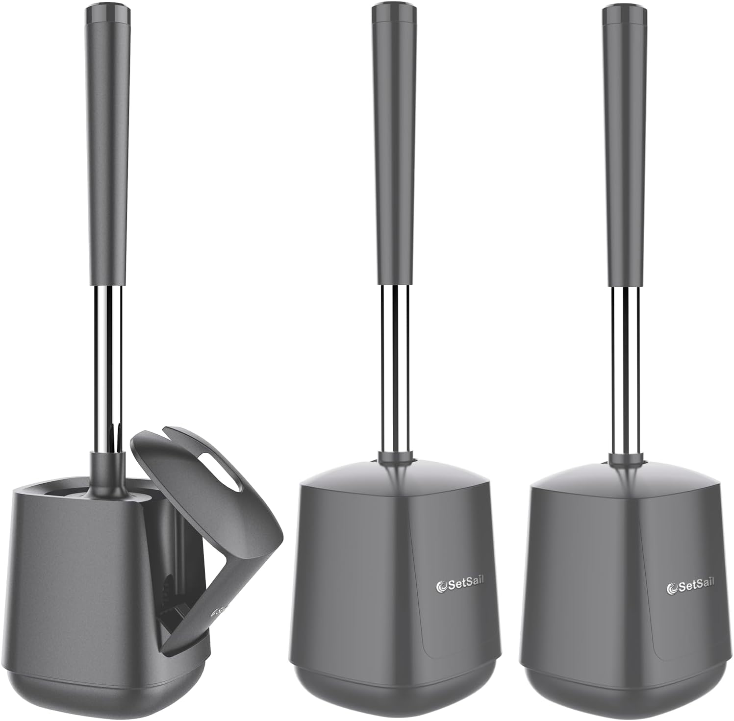 Setsail toilet brush and holder set, self-closing lid, long handle, easy cleaning, bathroom cleaning essentials