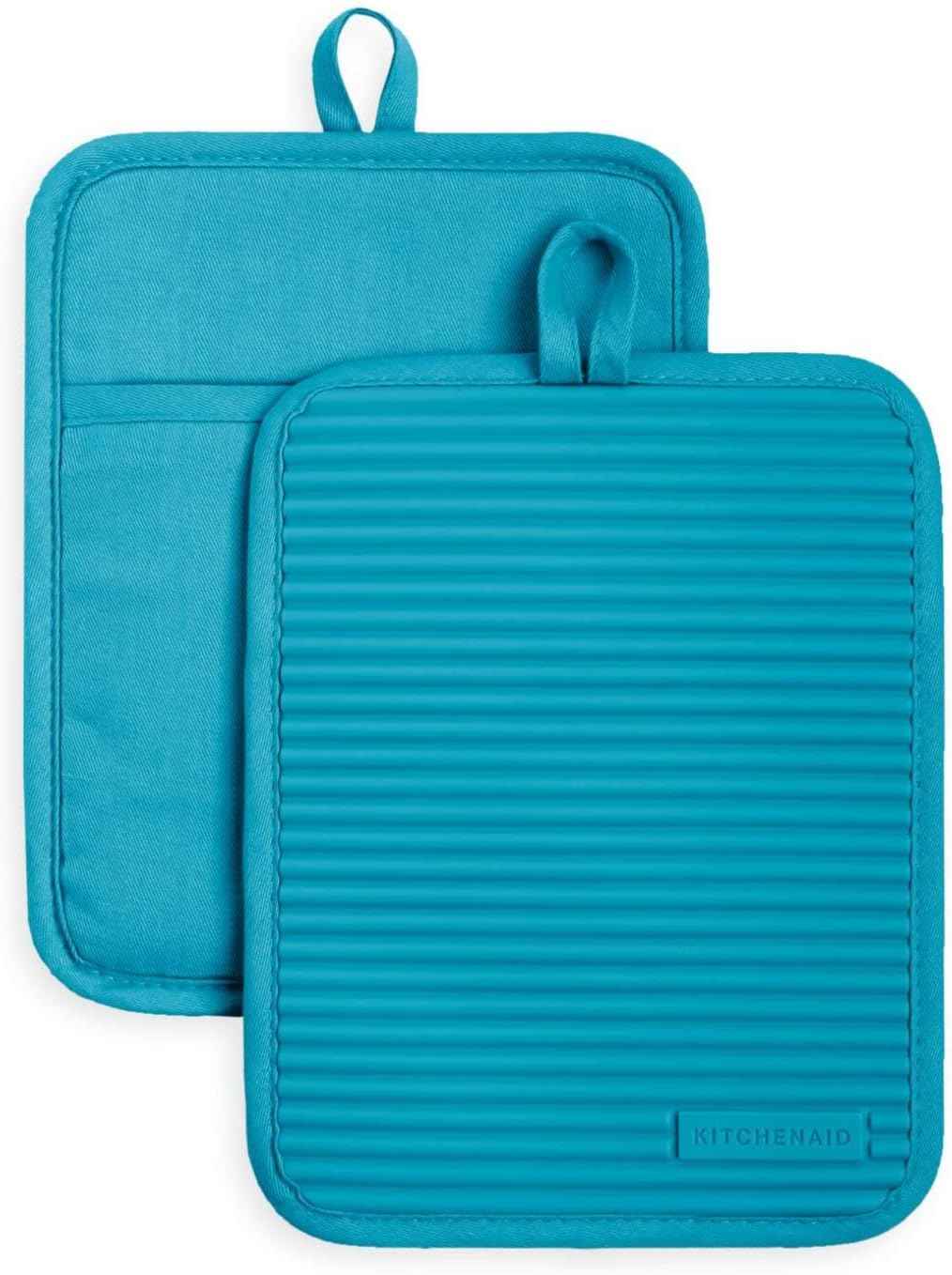 KITCHENAID Ribbed Soft Silicone Pot Holder 2-Pack Set, Matte Black, 7"x9"