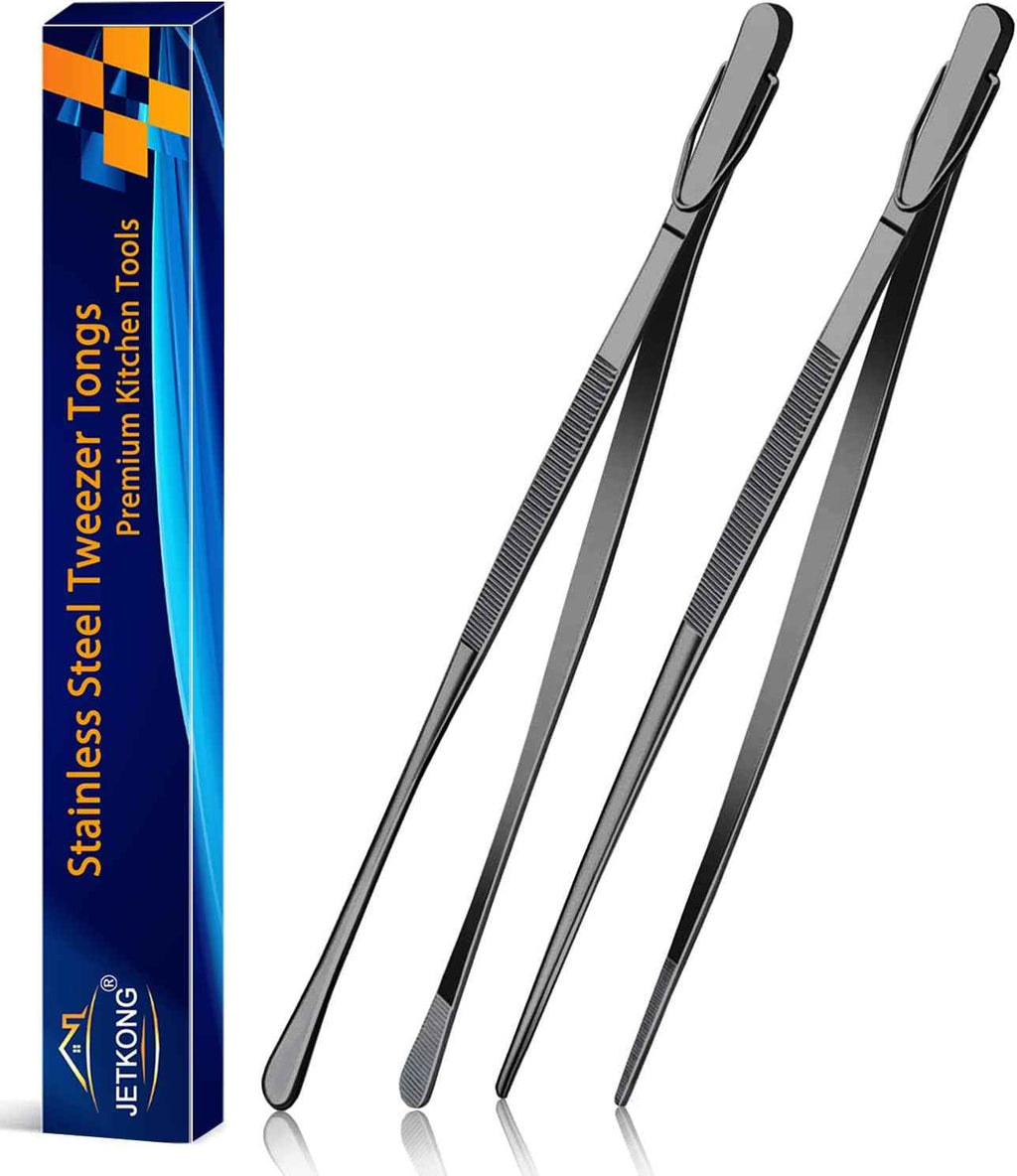 JETKONG 2 Pcs 12-Inch Kitchen Tweezers Fine Tweezer Tongs, Extra-Long Stainless Steel Cooking Tweezers (Silver)