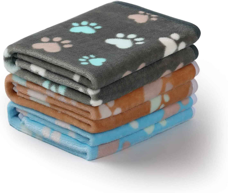 1 Pack 3 Blankets Super Soft Fluffy Premium Fleece Pet Blanket Flannel Throw for Dog Puppy Cat Paw Brown/Pink/White Small(23x16 inch)