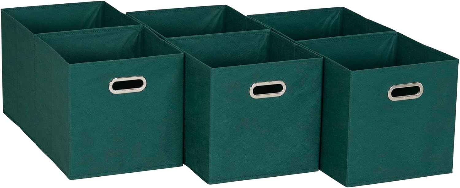 Household Essentials Foldable Fabric Storage Bins 6 Piece Set, Strong Poly-Woven Fabric, Sturdy Chipboard Sides, Grommet Front Handle, Stackable and Foldable, Classic Design, Black