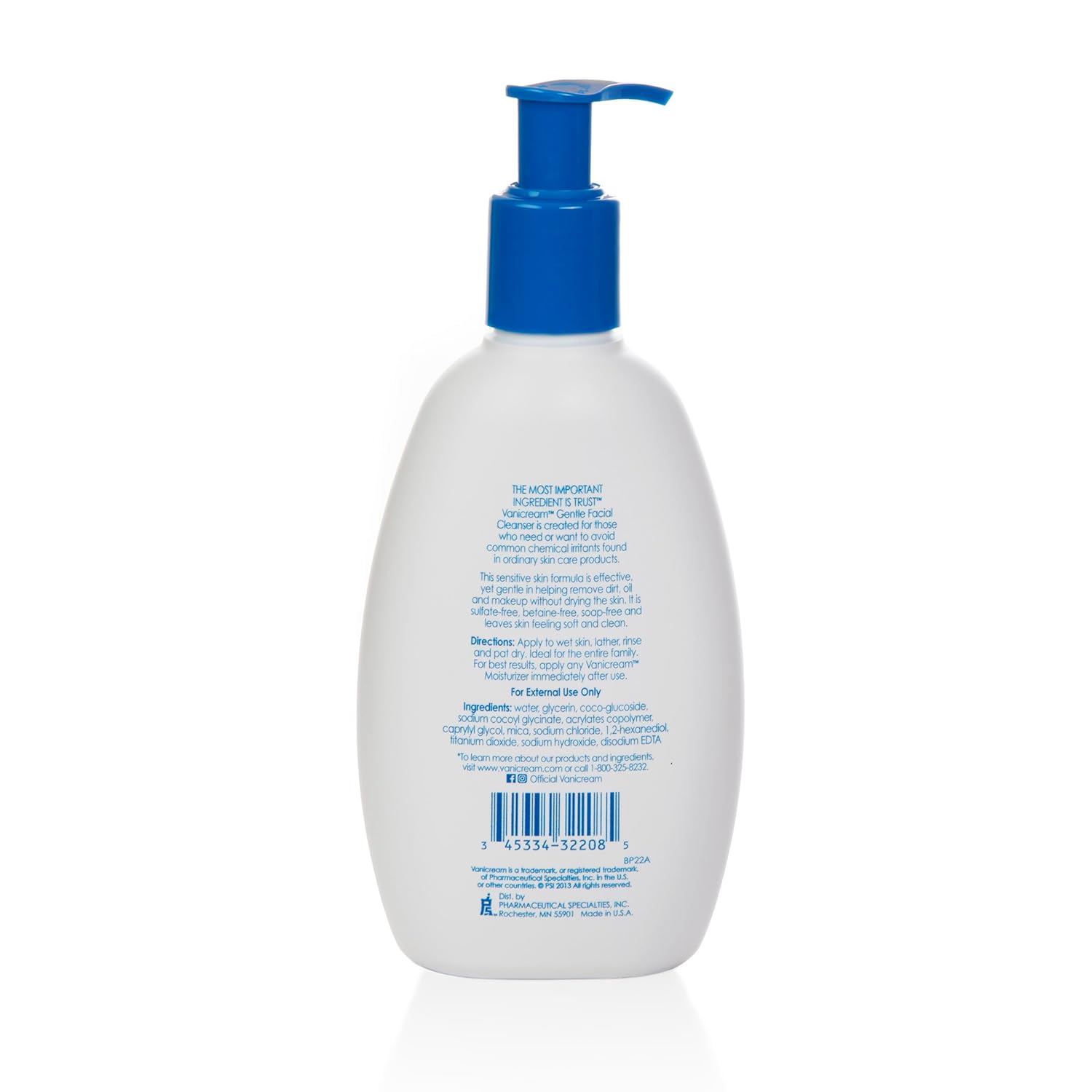 Vanicream gentle facial cleanser with pump dispenser, 8 fl oz, fragrance-free for sensitive skin