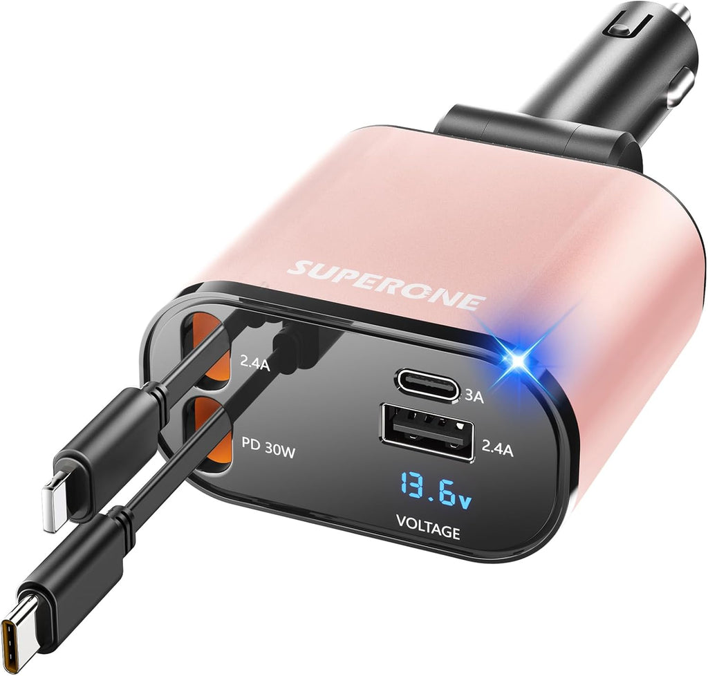 ‹ېUpgraded‹ÛÔ SUPERONE Retractable Car Charger 4 in 1, Fast Car Phone Charger with Cord 2.6ft, USB C and Apple Car Adapter, Compatible with iPhone 17 16 15/15 Pro Max/14/13/12/11, Galaxy, Pixel - ShopUS