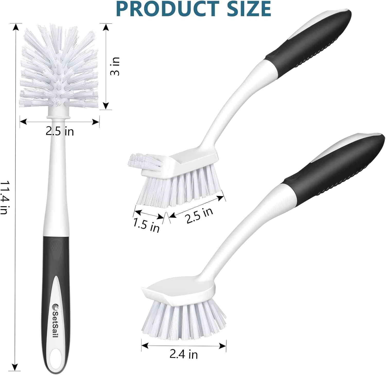 SetSail Dish Brush Set of 3 with Bottle Brush and Scraper Tip for Deep Cleaning