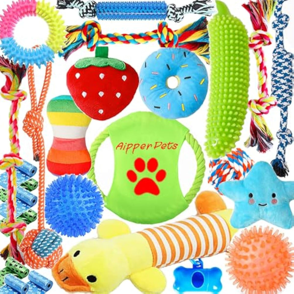 Dog Toys 25 Pack for Fun and Teeth Cleaning, Puppy Chew Toys Pack with Squeak Plush Toy,Squeaky Toy Balls,Tug of War and Rope Toys for Puppy to Small Dogs