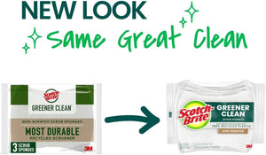 Scotch-Brite Greener Clean Non-Scratch Scrub Sponge, Sponge for Washing Dishes, Cleaning Kitchen, Superior Performance and Made with Sustainable Materials, Dishwasher Safe, 3 Scrub Sponges