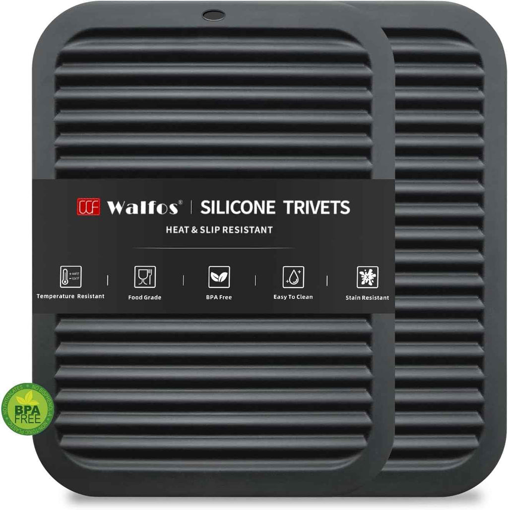 Walfos Silicone Trivet Mats - 4 Heat Resistant Pot Holders, Multipurpose Non-Slip Hot Pads for Kitchen Potholders, Hot Dishers, Jar Opener, Spoon Holder, Food Grade Silicone & BPA Free (Black)