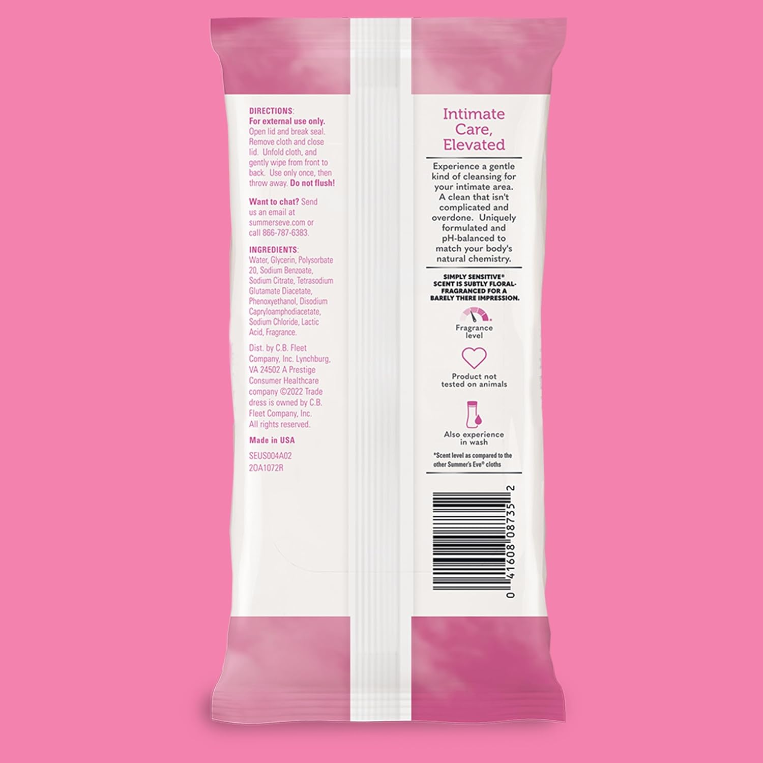 Summer's Eve Simply Sensitive feminine wipes, gentle pH-balanced micellar water formula for vaginal odor control, resealable packs of 32