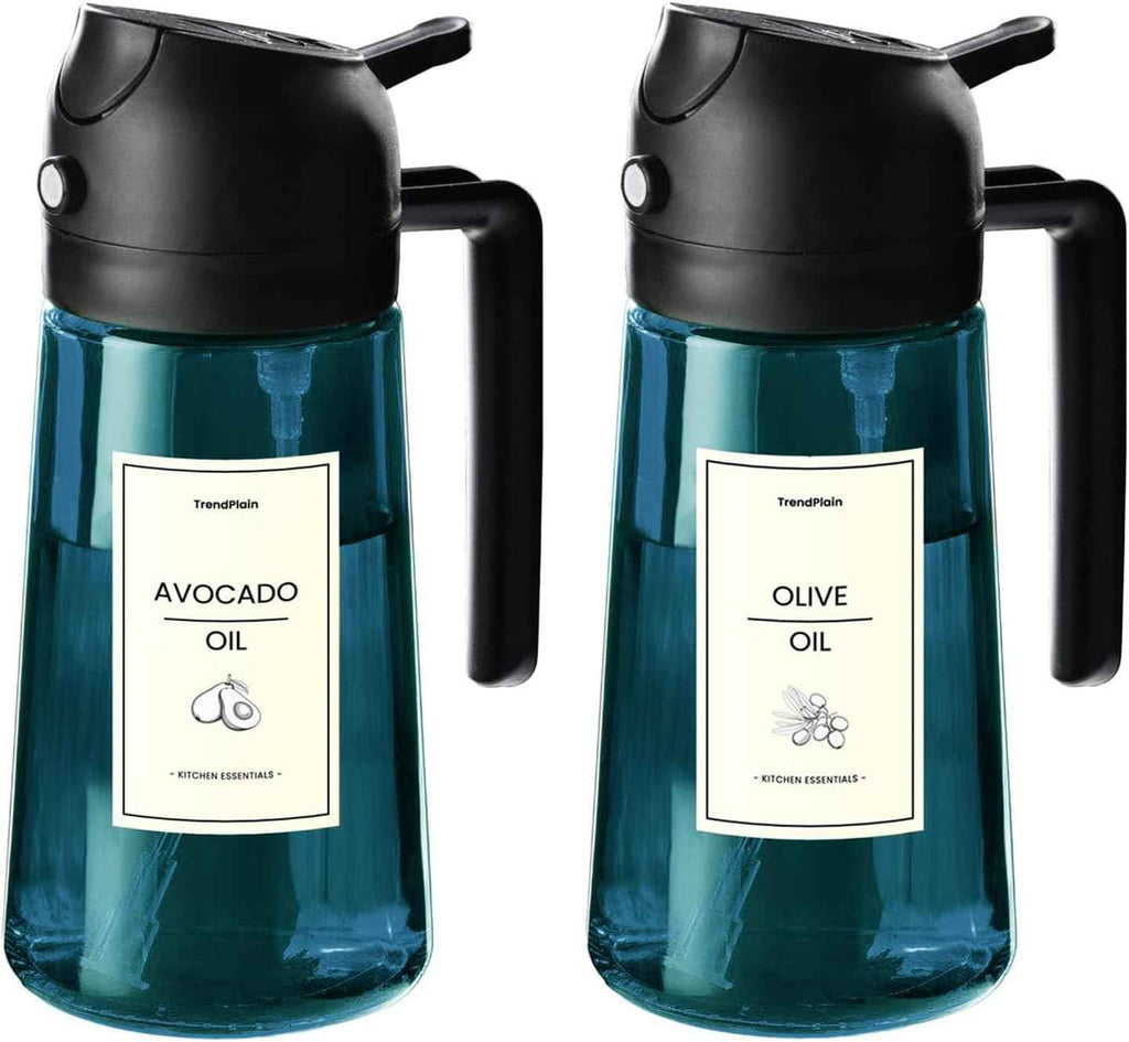 TrendPlain 16oz/470ml Blue Glass Olive Oil Sprayer for Cooking - 2 in 1 Olive Oil Dispenser for Kitchen Gadgets, Air Fryer, Salad, and BBQ - Navy
